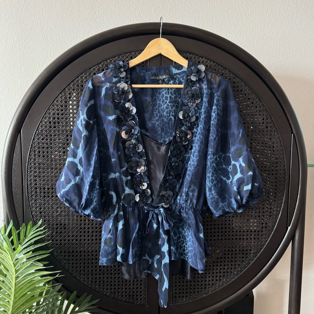 Lafayette 148 New York Animal Print Floral Silk Sequin Beaded Blouse